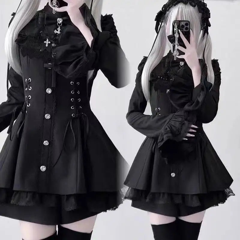 Jirai Kei Gothic Cross Lace Ruffle Blouse & Shorts Set Shoptery