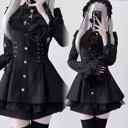 Jirai Kei Gothic Cross Lace Ruffle Blouse & Shorts Set Shoptery