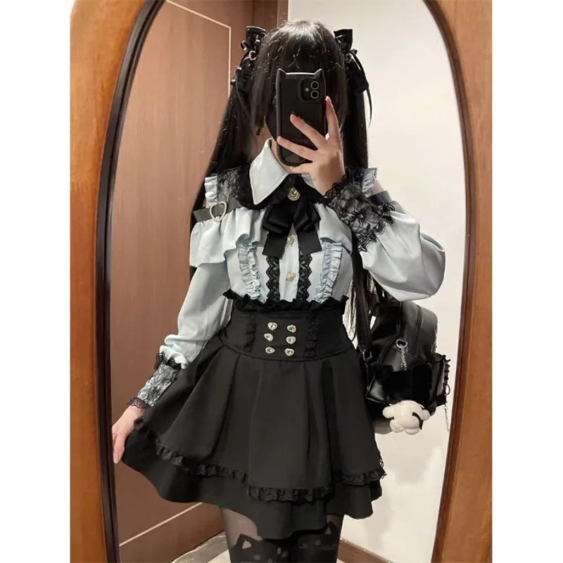 Jirai Kei Red Ruffle Blouse & Black Pleated Skirt Gothic Set Shoptery