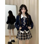 Jirai Kei Navy Blazer Plaid Pleated Skirt School Uniform Set Shoptery