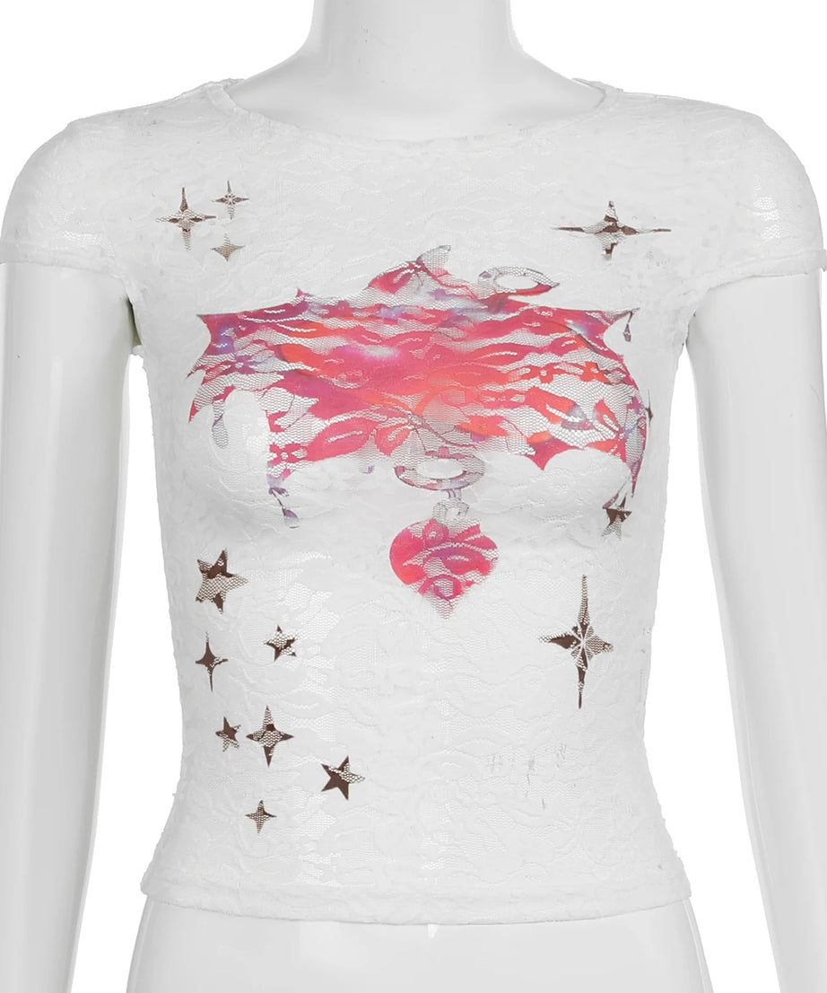 Lace Angelcore Graphic Crop Top