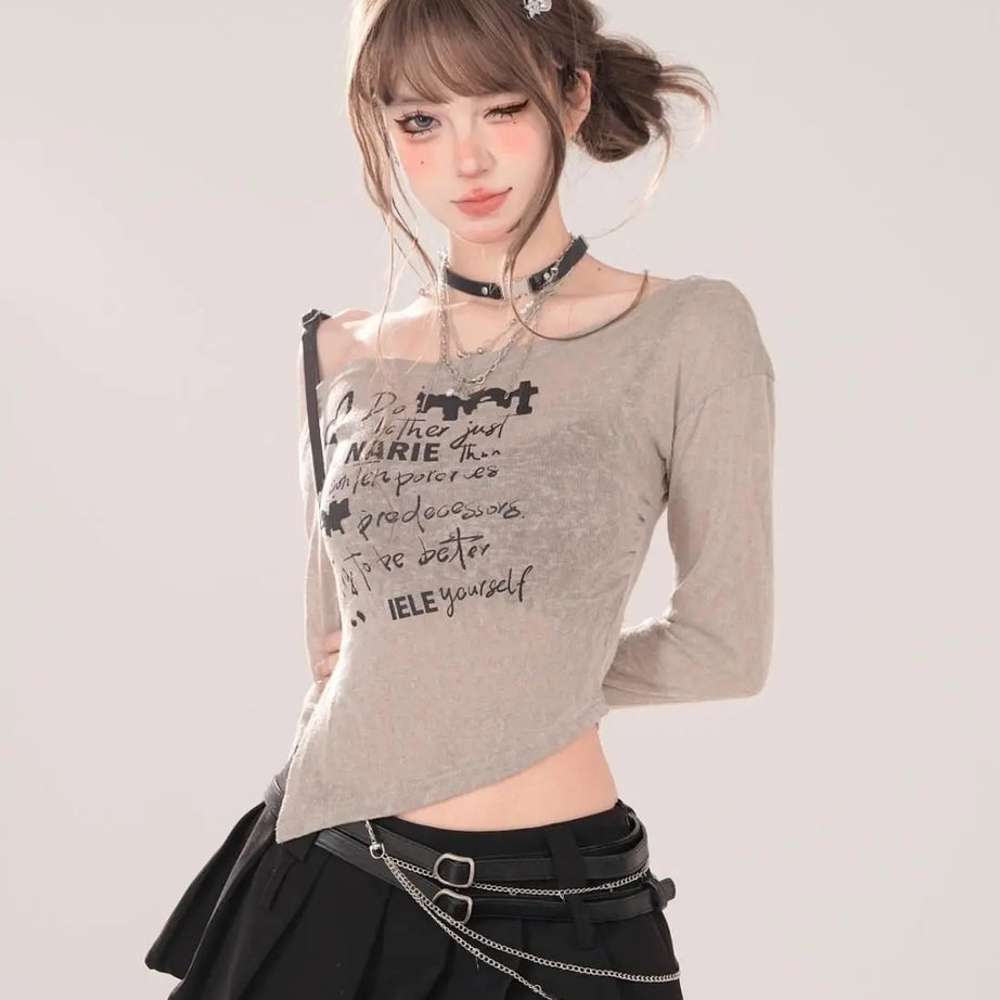 Broken Script Off-Shoulder Alt Long Sleeve Top oatmeal Shoptery