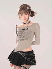 Broken Script Off-Shoulder Alt Long Sleeve Top oatmeal Shoptery