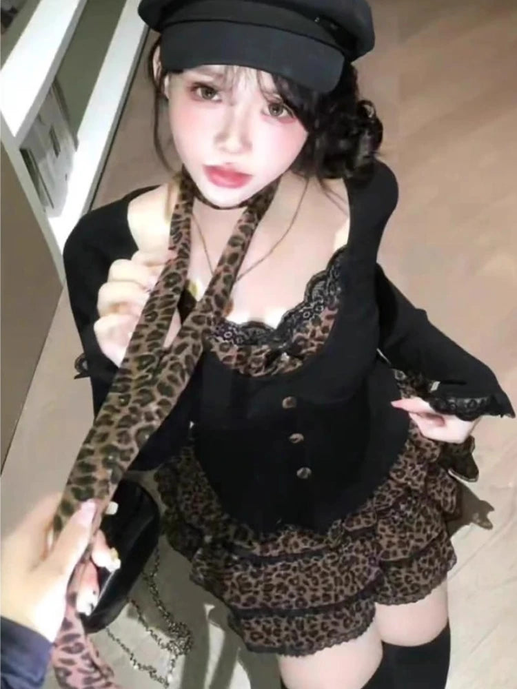 Jirai Kei Pink Leopard Lace Ruffle Mini Dress & Top Set 102 Sets Shoptery