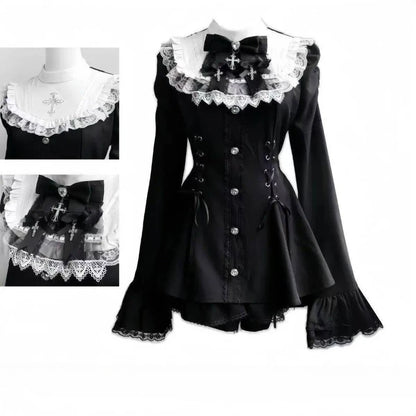Jirai Kei Gothic Cross Lace Ruffle Blouse & Shorts Set 318 Black white Shoptery
