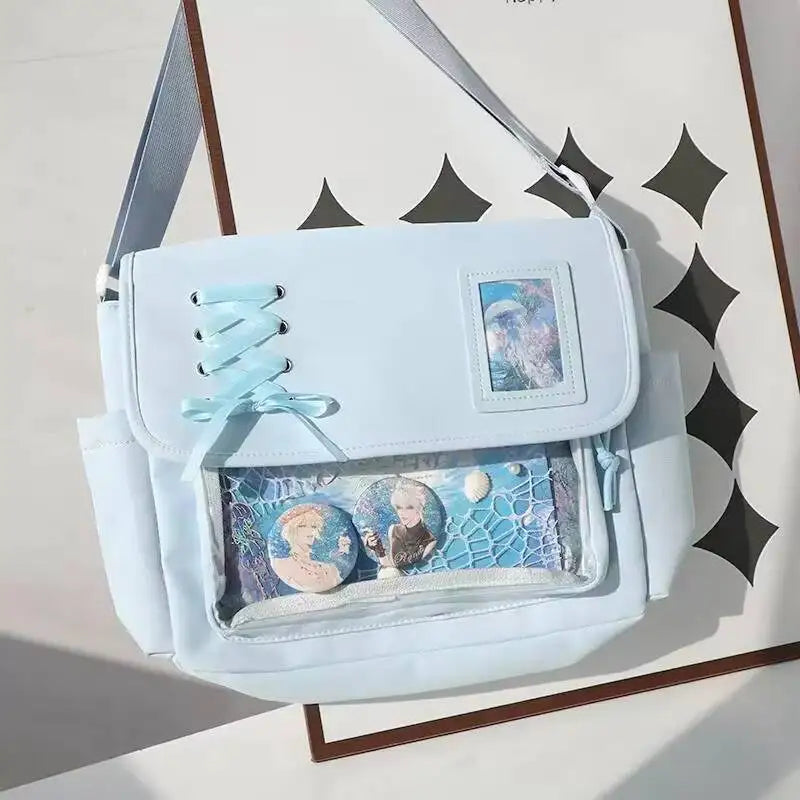 Jirai Kei Black Lace-Up Ita Messenger Bag with Clear Window Blue Only Bag 35x28x7cm Shoptery