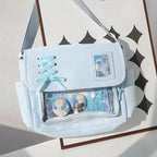Jirai Kei Black Lace-Up Ita Messenger Bag with Clear Window Blue Only Bag 35x28x7cm Shoptery