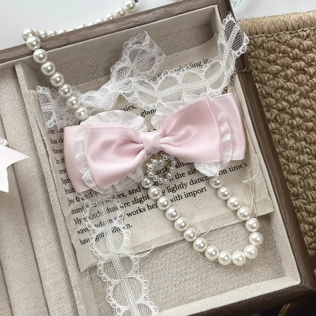 Jirai Kei Pink Satin Lace Pearl Bow Hair Clip Set Style 2 HAIR CLIP Shoptery
