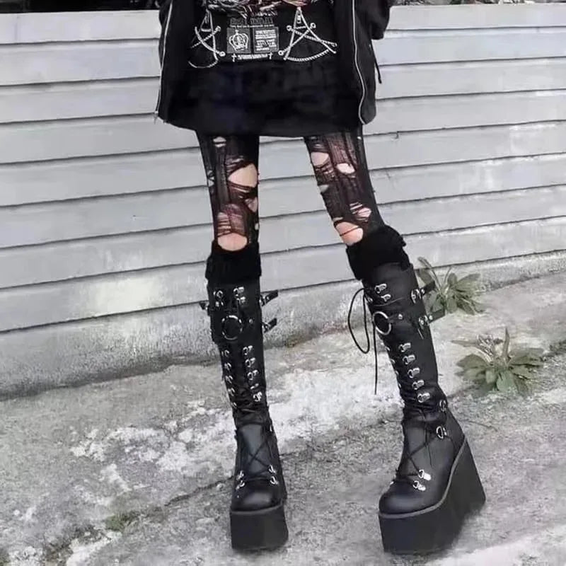 Visual Kei Black Platform Knee-High Lace-Up Buckle Boots Secondary image