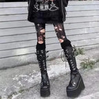 Visual Kei Black Platform Knee-High Lace-Up Buckle Boots Shoptery