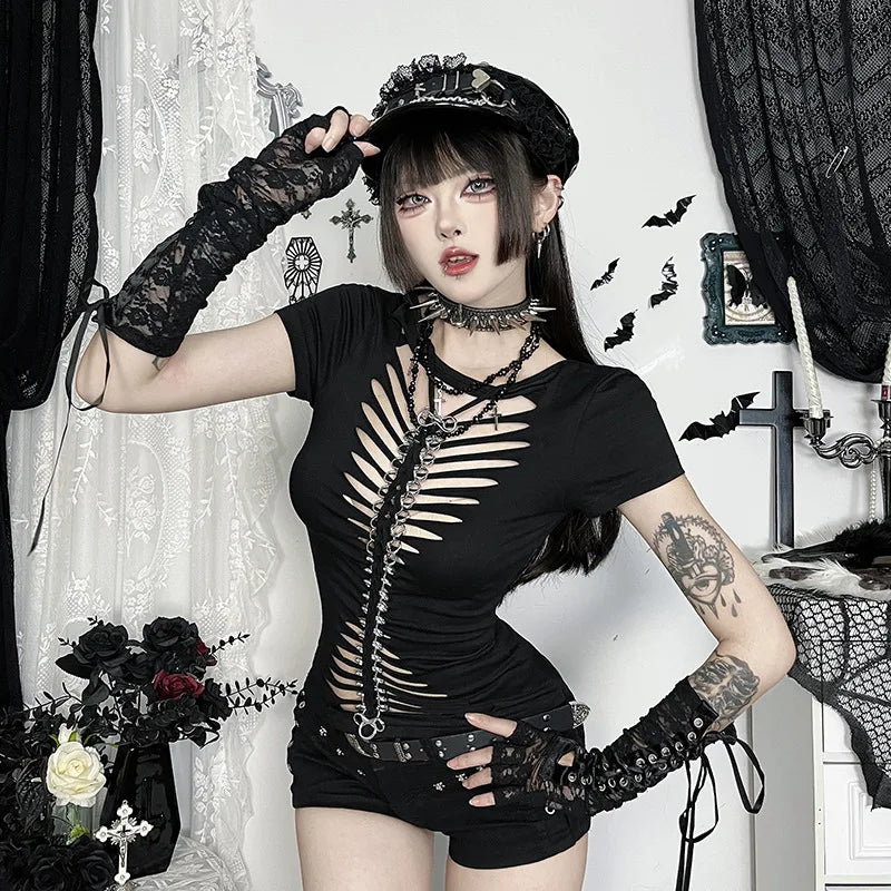 Visual Kei Slashed Fishbone Ring & Safety Pin Cutout Black Tee Shoptery