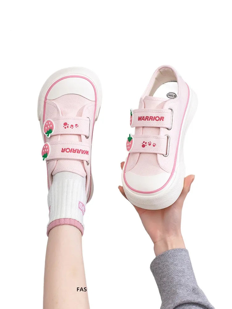 Fairy Kei Pink Strawberry Platform Canvas Sneakers with Velcro Straps Shoptery