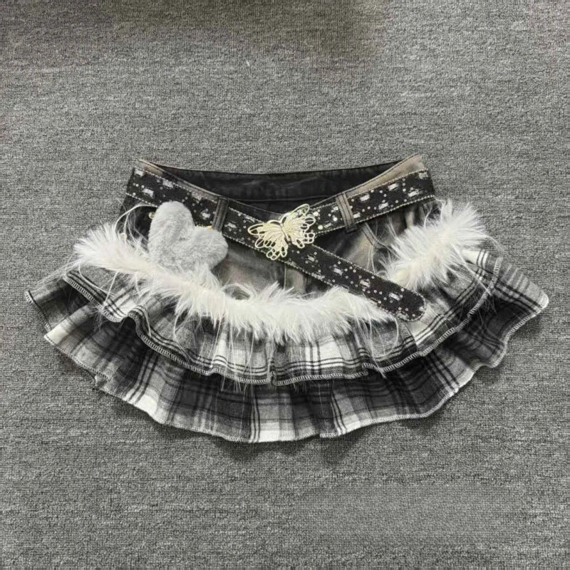Gyaru Grey Plaid Ruffle Mini Skirt with Fur Trim & Butterfly Belt A1 Shoptery