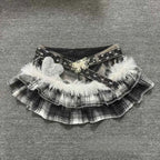 Gyaru Grey Plaid Ruffle Mini Skirt with Fur Trim & Butterfly Belt A1 Shoptery