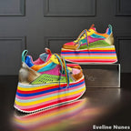 Decora Rainbow Patchwork Platform Sneakers with Striped Sole Shoptery