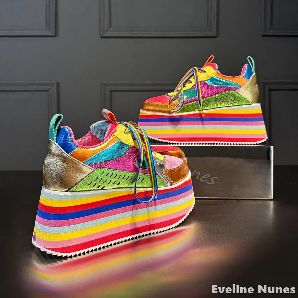 Decora Rainbow Patchwork Platform Sneakers with Striped Sole Shoptery
