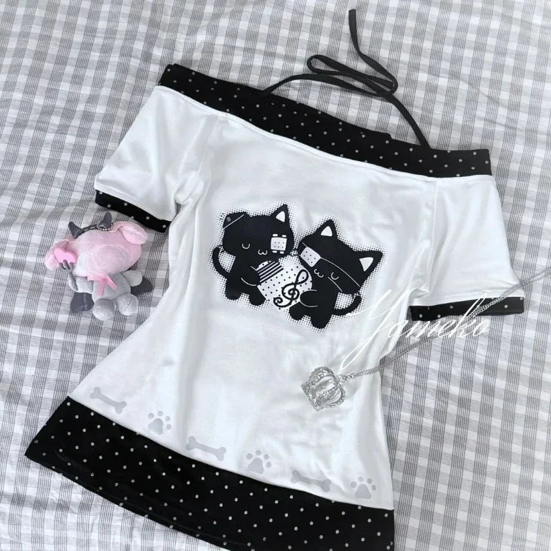 Jirai Kei Black Cat Polka Dot Off-Shoulder Halter Top with Necklace Shoptery