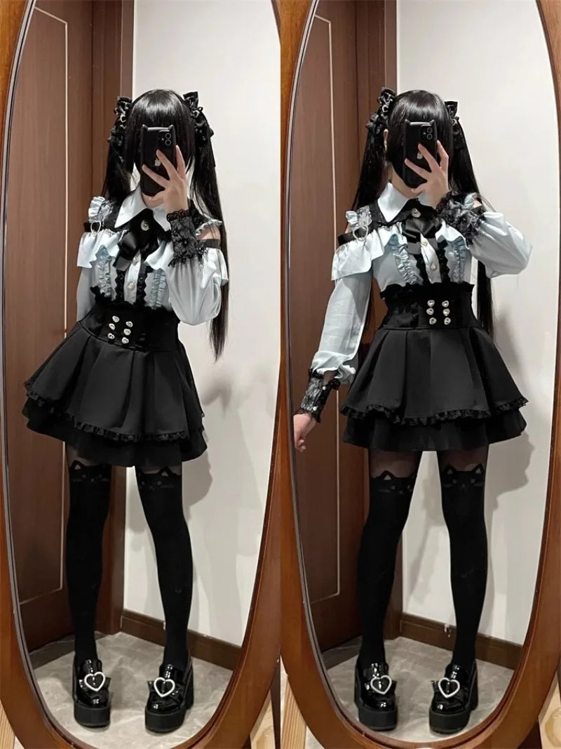 Jirai Kei Red Ruffle Blouse & Black Pleated Skirt Gothic Set Shoptery