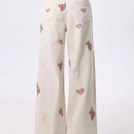 Kawaii Teddy Embroidered Wide Pants Shoptery