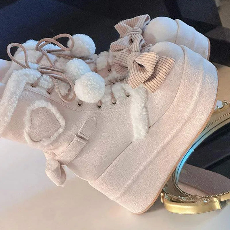 Jirai Kei Plush-Trim Platform Boots with Bow & Pompom Lace-Up Shoptery