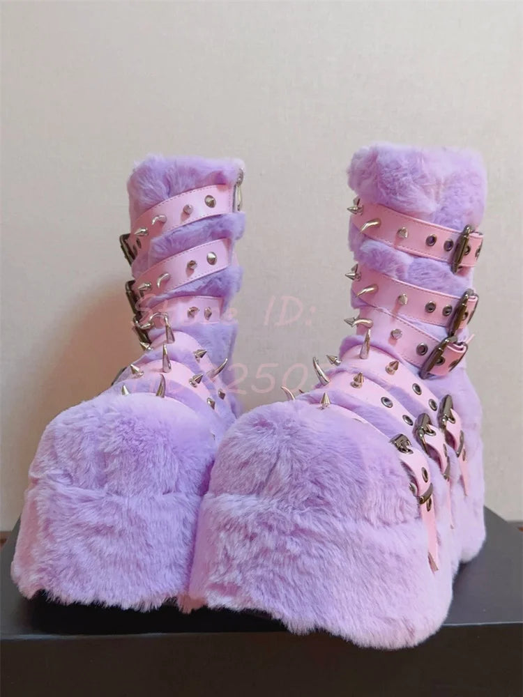 Jirai Kei Pastel Faux Fur Platform Boots with Spiked Buckle Straps Secondary image