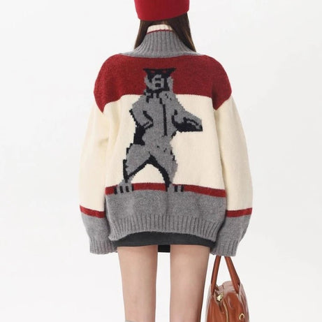 Abstract Retro Knit Zip-Up Cardigan Shoptery