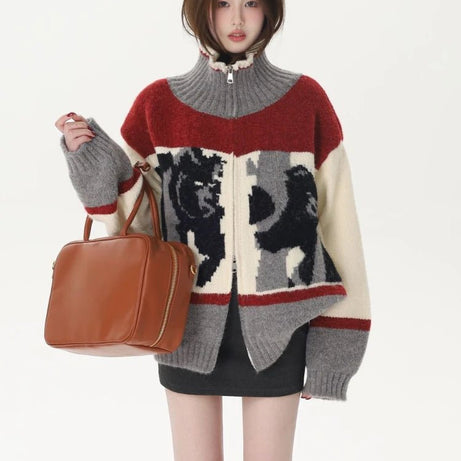 Abstract Retro Knit Zip-Up Cardigan Shoptery