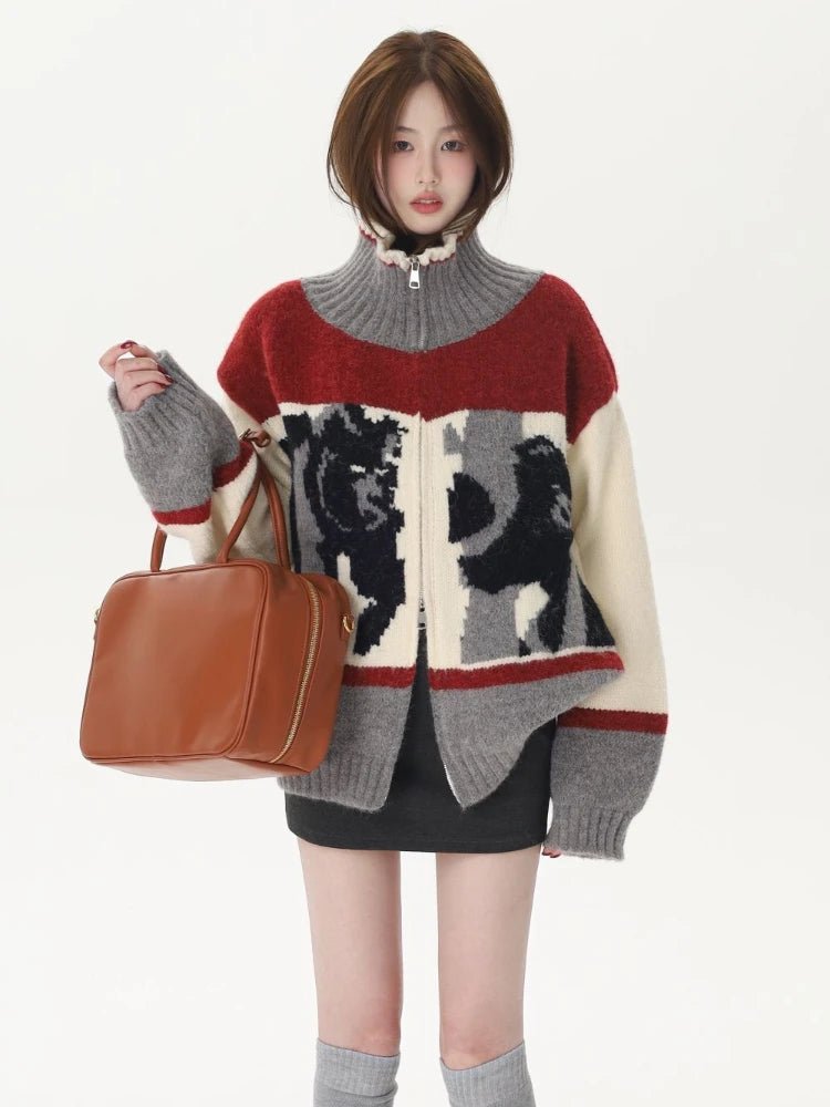 Abstract Retro Knit Zip-Up Cardigan Shoptery