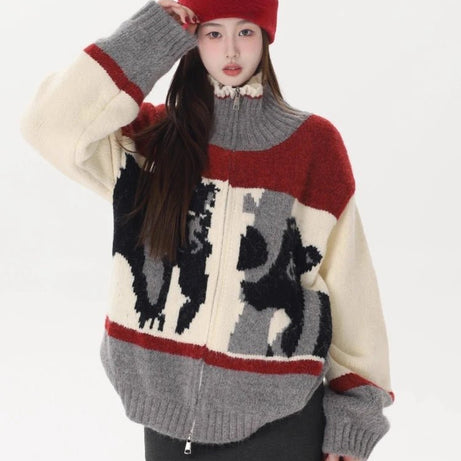 Abstract Retro Knit Zip-Up Cardigan Shoptery