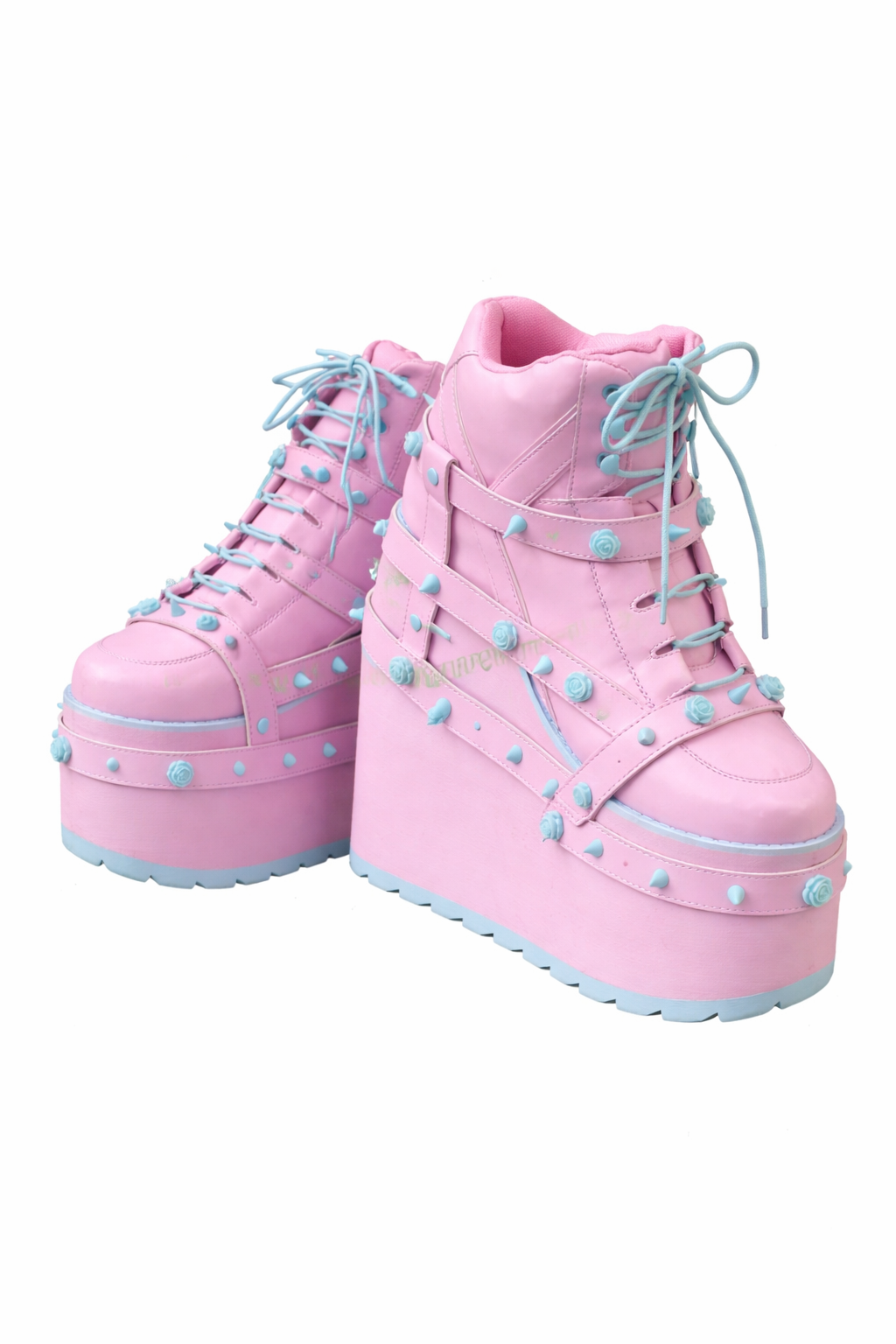 Jirai Kei Pastel Pink Platform Boots with Teal Spikes & Roses 7 China Mainland Shoptery