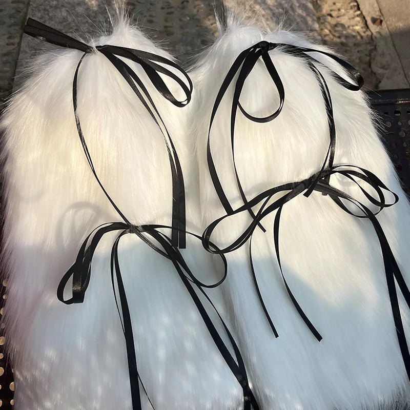 Y2k Angelic Fluff Ribbon Leg Warmers white black 40cm as picture Shoptery