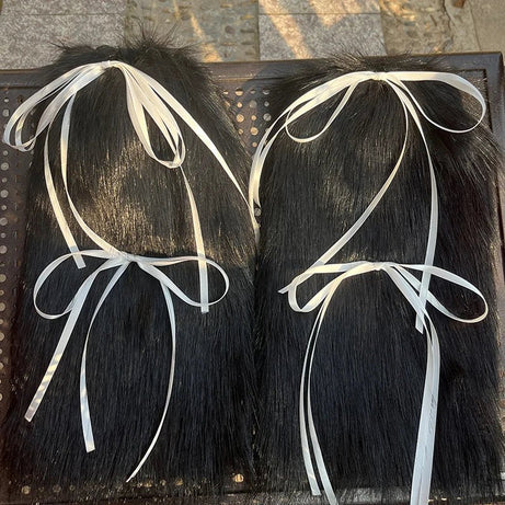 Y2k Angelic Fluff Ribbon Leg Warmers black white 40cm as picture Shoptery
