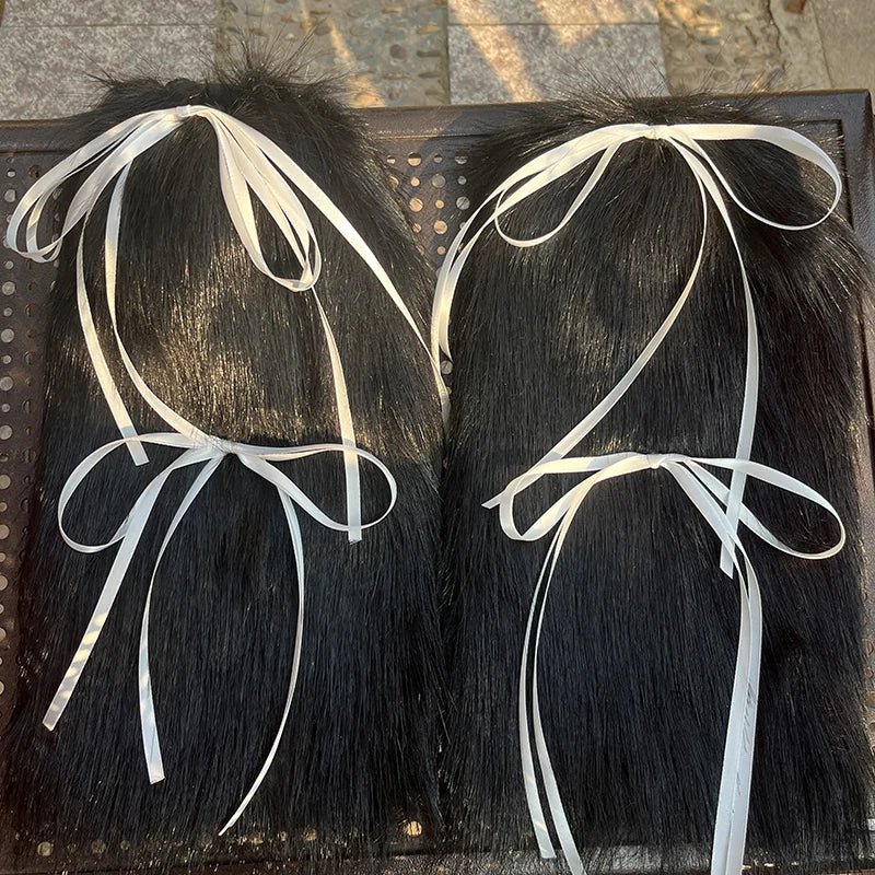 Y2k Angelic Fluff Ribbon Leg Warmers black white 40cm as picture Shoptery