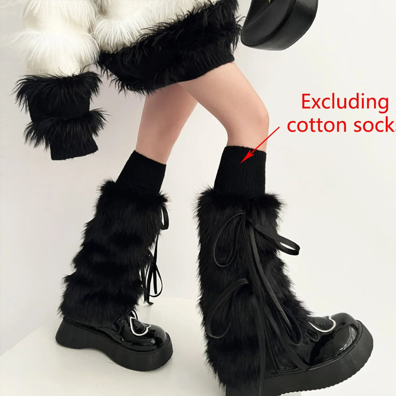 Y2k Angelic Fluff Ribbon Leg Warmers black 40cm as picture Shoptery
