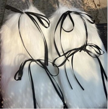 Y2k Angelic Fluff Ribbon Leg Warmers white black 30cm as picture Shoptery