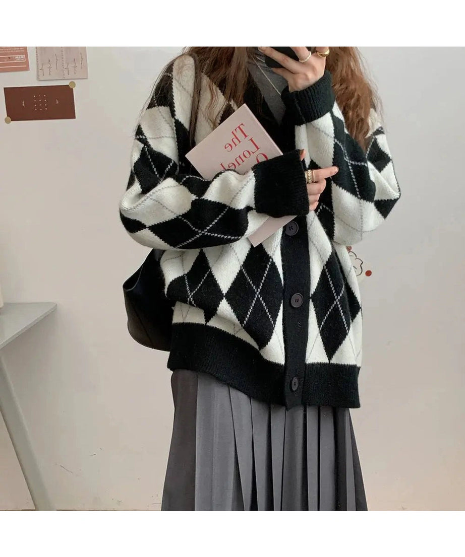 Argyle Knitted Cardigan - Cardigans