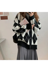 Retro Argyle Knitted Cardigan Black One Size Shoptery