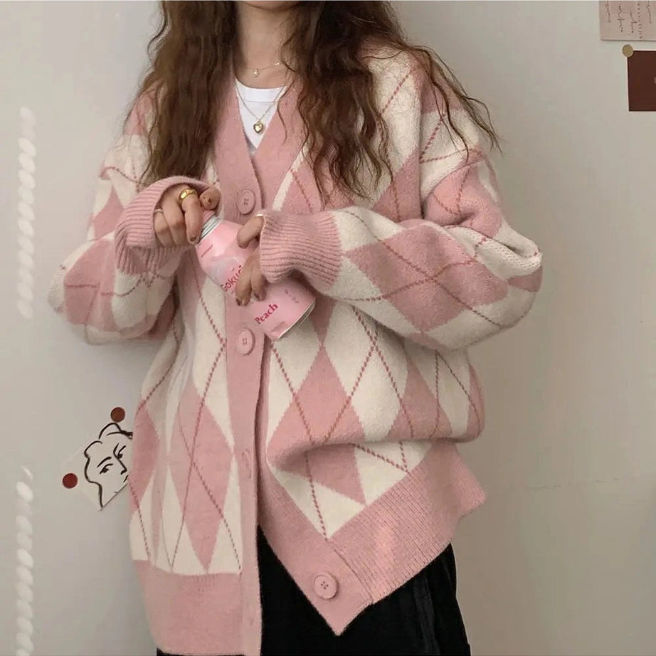 Retro Argyle Knitted Cardigan Pink One Size Shoptery