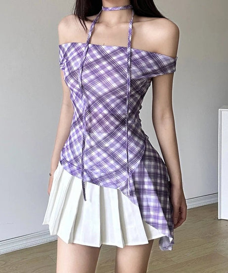 Asymmetric Plaid Halter Blouse - 