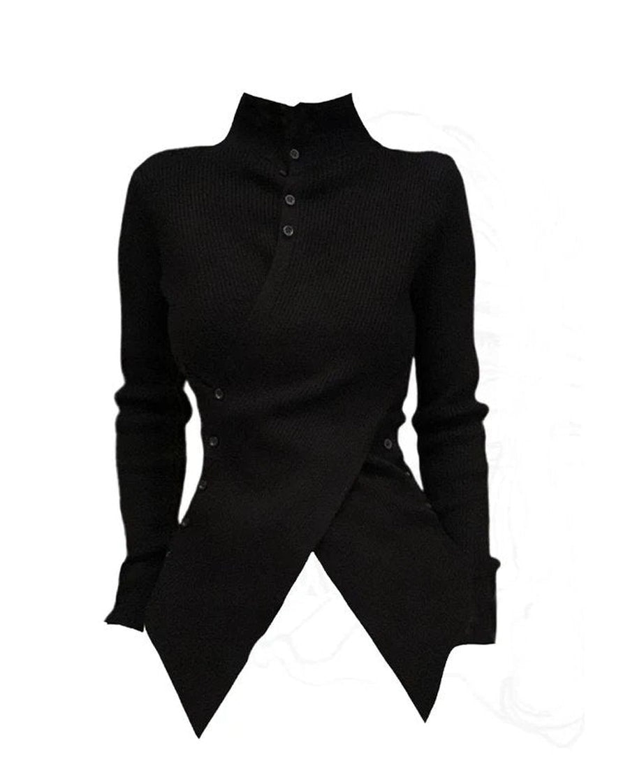 Asymmetrical High Neck Buttoned Sweater - Sweaters