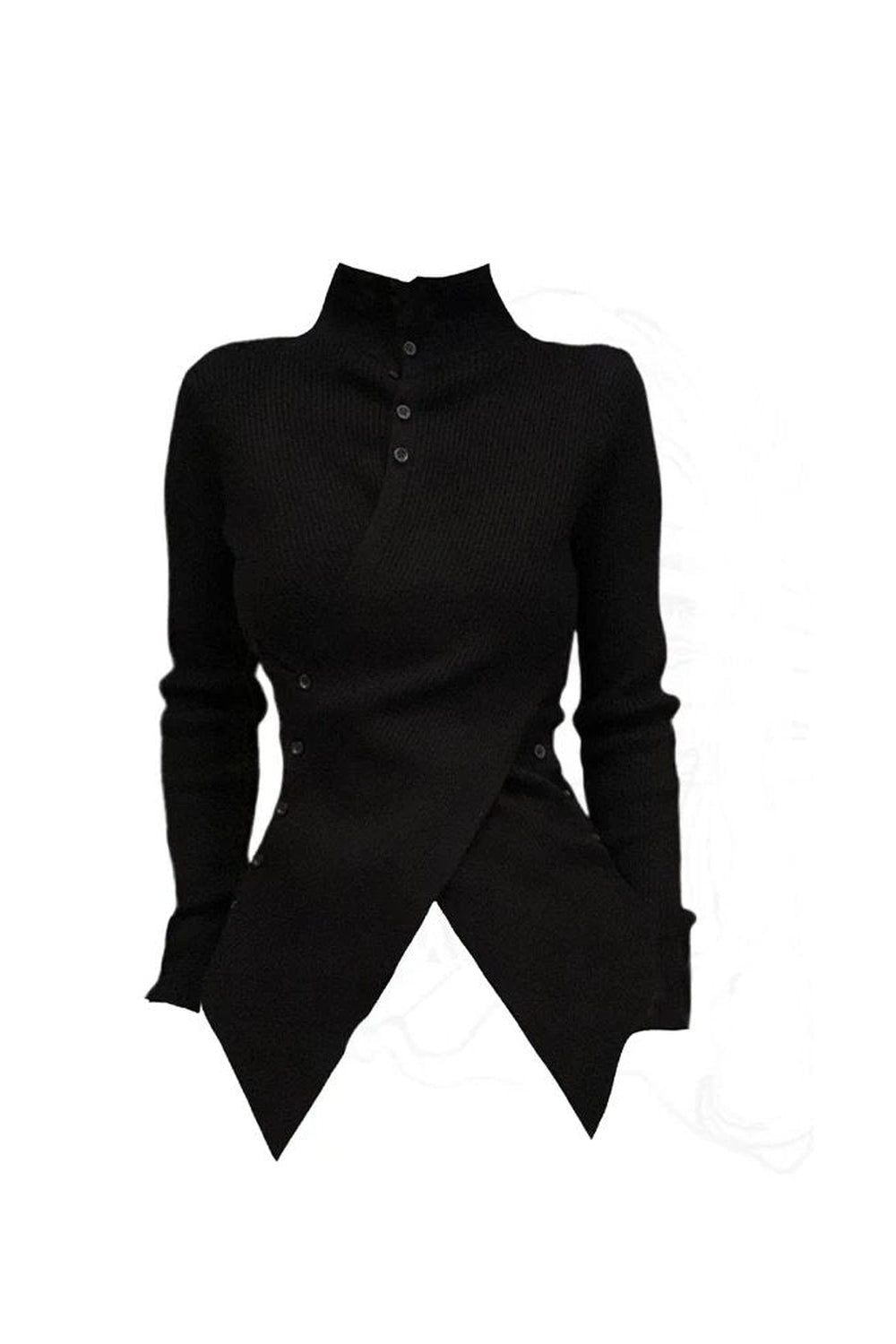 Aesthetic Fall Asymmetrical High Neck Buttoned Sweater Black Shoptery