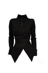 Aesthetic Fall Asymmetrical High Neck Buttoned Sweater Black Shoptery