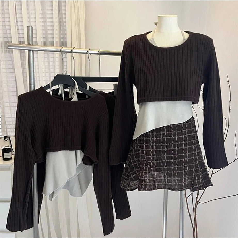 Retro Asymmetrical Layered Knit Outfit Set Shoptery
