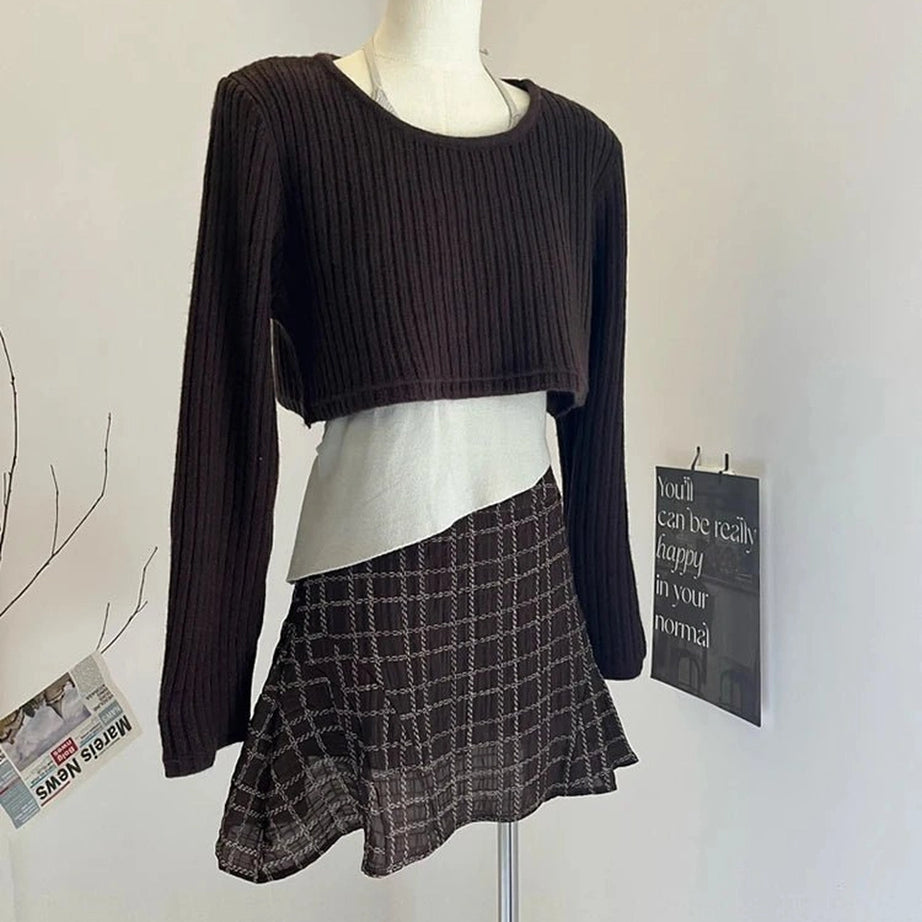 Retro Asymmetrical Layered Knit Outfit Set Shoptery