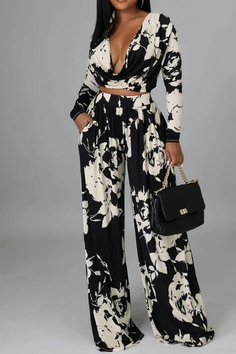 Autumn Printed Long Sleeved Top Wide Leg Pants - 