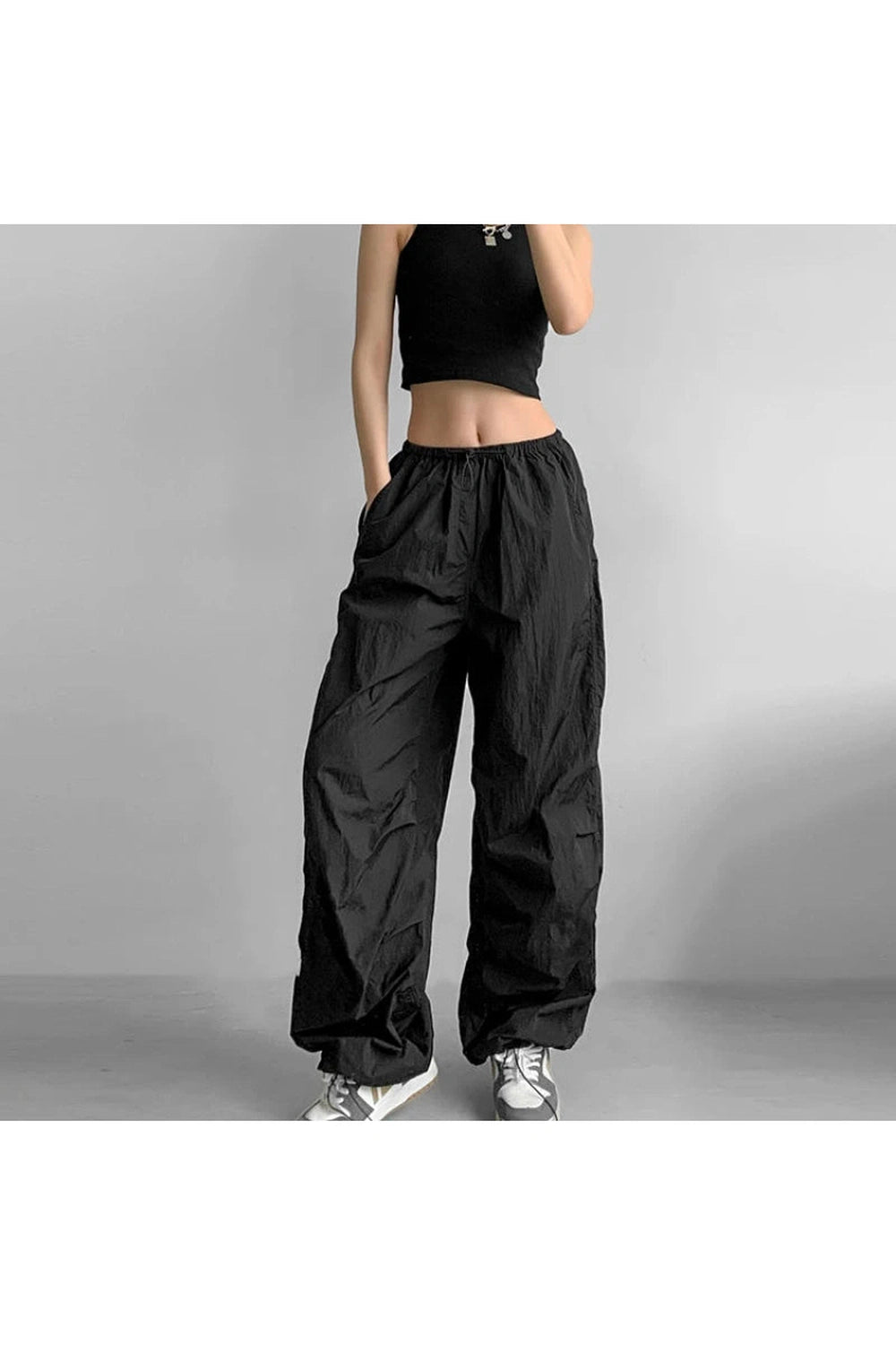 Edgy Baggy Lilac Parachute Pants Black Shoptery