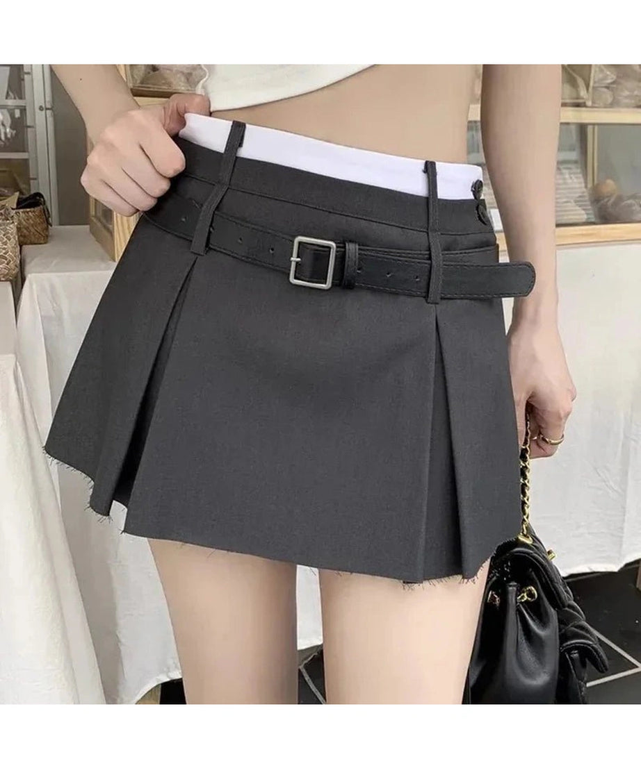 Belt Pleated Mini Skirt -