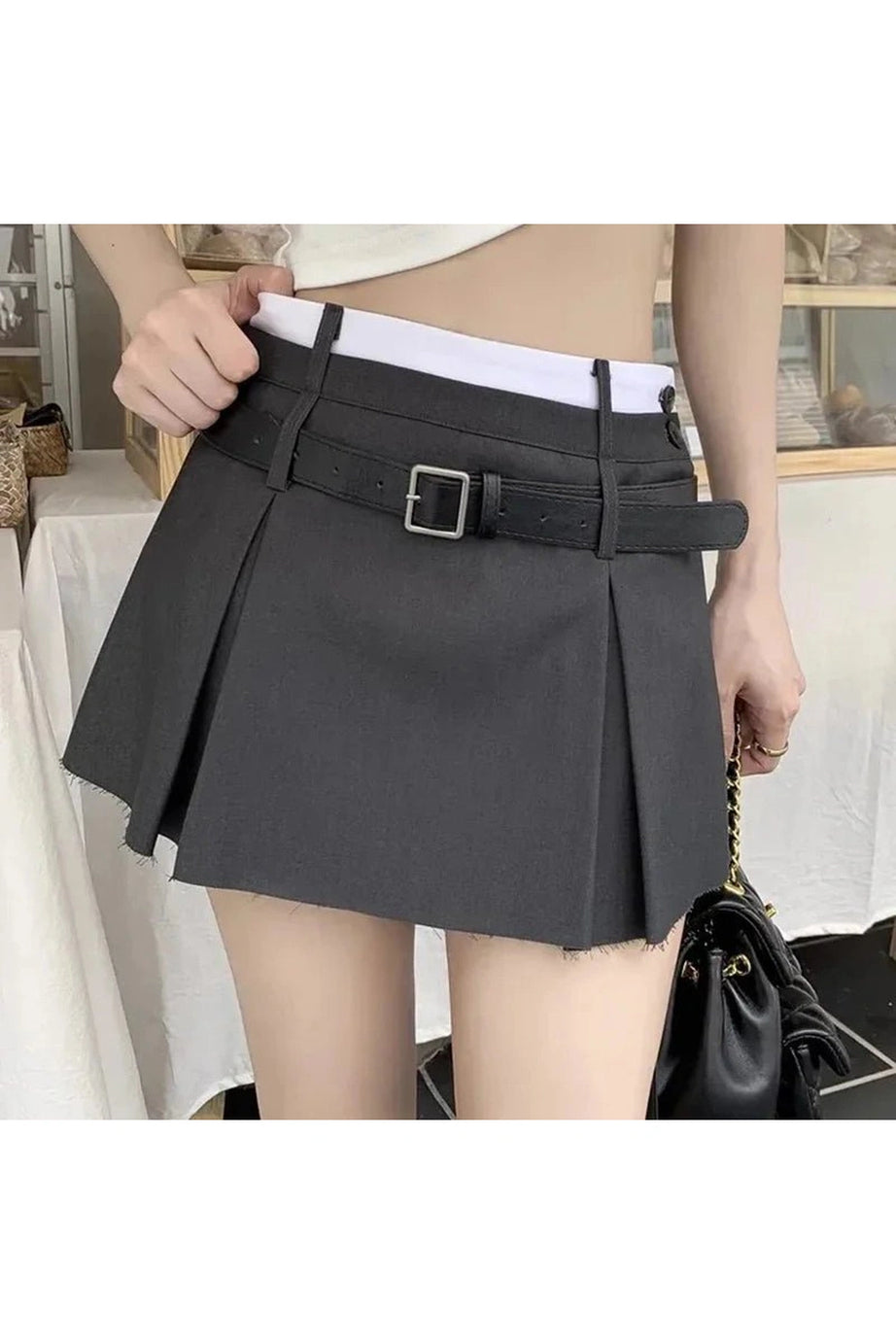 Belt Pleated Mini Skirt -