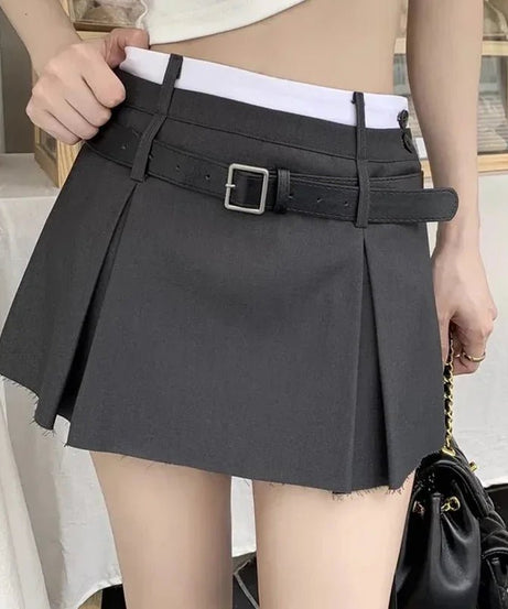 Belt Pleated Mini Skirt -