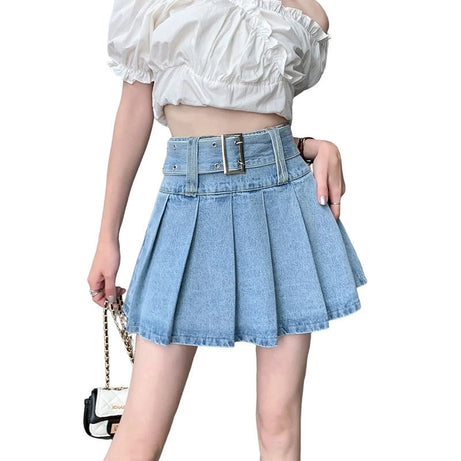 Belted Denim Mini Skirt - Denim Skirt